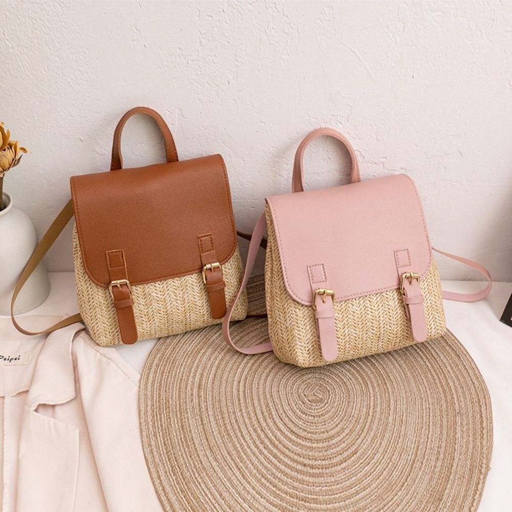 Woven Straw Bag - Zaino in Pelle PU e Paglia
